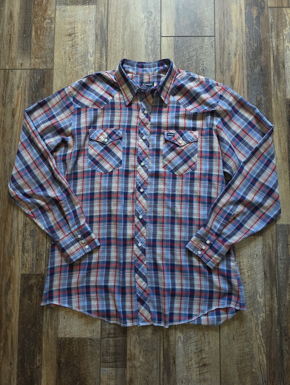 Wrangler - Vintage 80s Tall Man Pearl Snap Western Shirt - XL Tall - Red Blue